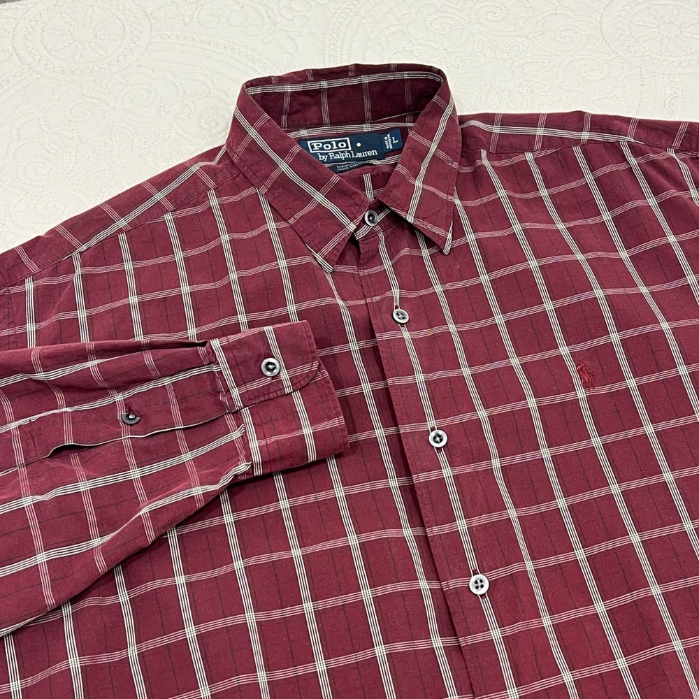 Polo Ralph Lauren Marlowe Mens L Burgundy Windowpane Check‎ Cotton Button Shirt